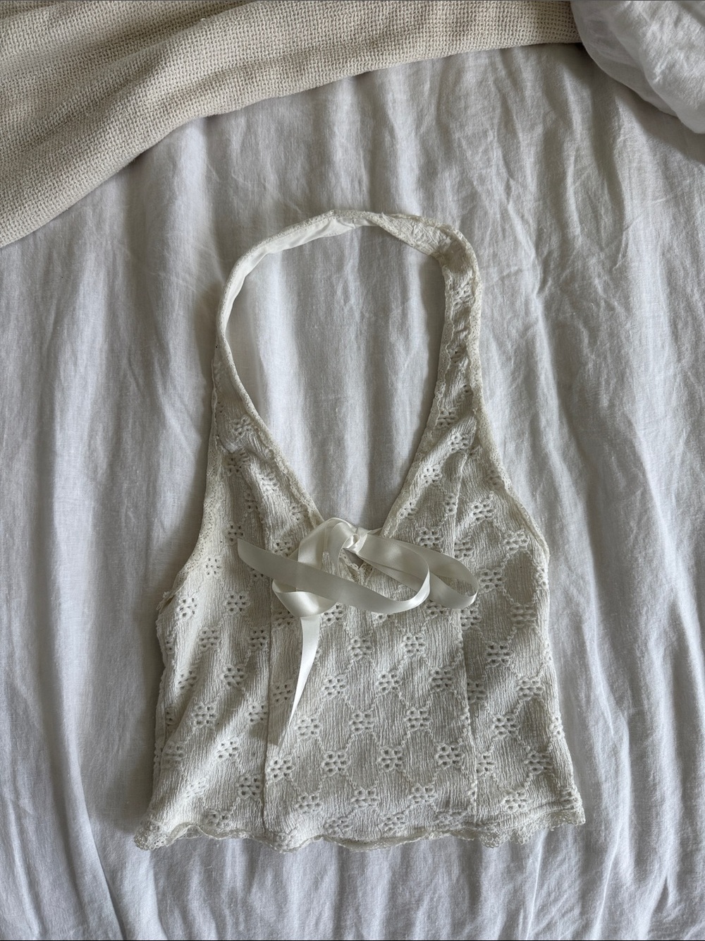 URBAN OUTFITTERS Cream Crochet Halter Top with Ribbon Tie